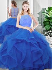 Sleeveless Tulle Floor Length Zipper Quinceanera Dresses in Blue with Lace and Ruffles