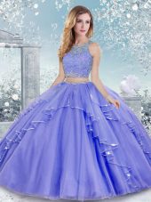 Glamorous Scoop Sleeveless Quince Ball Gowns Floor Length Beading and Lace Lavender Tulle