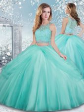 Latest Floor Length Aqua Blue Quinceanera Dress Tulle Sleeveless Beading and Lace