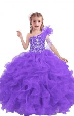 Floor Length Lace Up Kids Pageant Dress Lilac for Quinceanera and Wedding Party with Beading and Ruffles