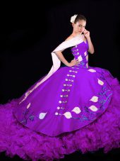 Eggplant Purple Ball Gowns Organza Sweetheart Sleeveless Embroidery and Ruffles Lace Up Quinceanera Dresses Brush Train