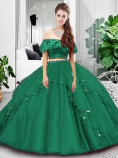 Glittering Dark Green Two Pieces Off The Shoulder Sleeveless Tulle Floor Length Lace Up Lace and Ruffles Ball Gown Prom Dress