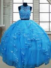 Baby Blue Tulle Lace Up Scoop Sleeveless Floor Length Quinceanera Gown Beading and Ruffles