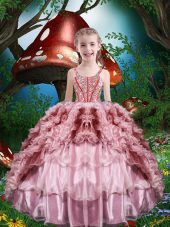 Floor Length Baby Pink Little Girls Pageant Dress Organza Sleeveless Beading and Ruffles and Ruffled Layers