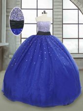 Fitting Floor Length Royal Blue 15 Quinceanera Dress Tulle Sleeveless Beading and Sequins