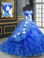 Blue Quince Ball Gowns Military Ball and Sweet 16 and Quinceanera with Embroidery and Ruffles Sweetheart Sleeveless Brush Train Lace Up
