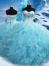 Simple Aqua Blue Lace Up Quinceanera Gown Beading and Pick Ups Sleeveless Floor Length