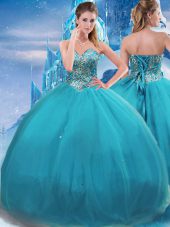 High Quality Sweetheart Sleeveless Lace Up Vestidos de Quinceanera Teal Tulle
