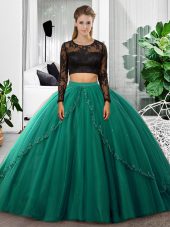 Captivating Dark Green Tulle Backless Scoop Long Sleeves Floor Length Quinceanera Dress Lace and Ruching