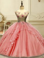 Sexy Sleeveless Lace Up Floor Length Appliques Quinceanera Gown