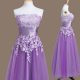 Lavender Sleeveless Tea Length Appliques Lace Up Court Dresses for Sweet 16