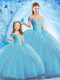 Fine Baby Blue Quince Ball Gowns Organza Sweep Train Sleeveless Beading