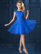 Blue Quinceanera Court of Honor Dress Prom and Party with Lace and Belt Bateau Cap Sleeves Lace Up