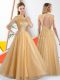 A-line Bridesmaid Dress Champagne Bateau Tulle Sleeveless Floor Length Backless