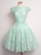 Fine Knee Length Lace Up Bridesmaids Dress Apple Green for Prom and Party and Wedding Party with Lace