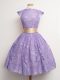 Lavender Cap Sleeves Belt Knee Length Bridesmaids Dress