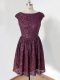 Dark Purple Scoop Lace Up Lace Dama Dress for Quinceanera Cap Sleeves