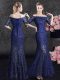 Admirable Mermaid Navy Blue Mother Dresses Prom and Party with Lace Off The Shoulder Half Sleeves Lace Up