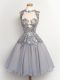Super Grey High-neck Neckline Lace Wedding Guest Dresses Sleeveless Lace Up