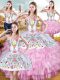 Traditional Rose Pink Sleeveless Embroidery and Ruffled Layers Floor Length 15 Quinceanera Dress