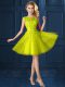 Fine Yellow A-line Lace and Appliques Damas Dress Lace Up Tulle Cap Sleeves Knee Length