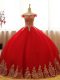 Great Red Ball Gowns Off The Shoulder Sleeveless Tulle Floor Length Lace Up Appliques Sweet 16 Dresses
