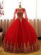 Ideal Red Organza Lace Up Scoop Long Sleeves Floor Length Sweet 16 Dresses Appliques