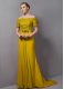 Custom Fit Yellow Empire Chiffon Off The Shoulder Short Sleeves Lace Zipper Mother Dresses Sweep Train