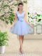Enchanting Lavender A-line Tulle V-neck Sleeveless Lace and Belt Knee Length Lace Up Quinceanera Dama Dress