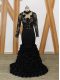 Black Mermaid Beading and Lace and Appliques and Hand Made Flower Mother Dresses Backless Fabric With Rolling Flowers Long Sleeves