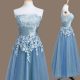 Artistic Blue Sleeveless Tea Length Appliques Lace Up Bridesmaid Gown