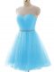 Flirting Aqua Blue A-line Tulle Scoop Sleeveless Beading and Ruching Mini Length Lace Up Prom Gown