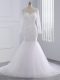 Scoop Long Sleeves Bridal Gown Brush Train Beading and Lace and Appliques White Tulle
