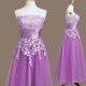 Ideal Purple Tulle Lace Up Strapless Sleeveless Tea Length Damas Dress Appliques