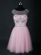 Inexpensive Beading Prom Evening Gown Baby Pink Lace Up Short Sleeves Mini Length