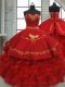 Wine Red Ball Gowns Satin and Organza Sweetheart Sleeveless Beading and Embroidery and Ruffles Lace Up Quince Ball Gowns Brush Train