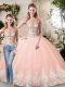 Scoop Sleeveless Lace Up Quinceanera Gowns Peach Tulle