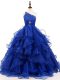 Stylish Floor Length Zipper Kids Pageant Dress Royal Blue for Wedding Party with Beading and Ruffles