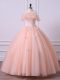 High Class Peach Short Sleeves Lace and Appliques Floor Length Sweet 16 Dresses
