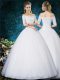 Exceptional White Ball Gowns Off The Shoulder Half Sleeves Tulle Floor Length Lace Up Beading and Appliques and Embroidery Bridal Gown
