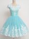 Aqua Blue Zipper Bridesmaid Dress Lace Cap Sleeves Knee Length