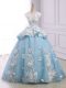 Sleeveless Appliques Lace Up 15th Birthday Dress with Light Blue Court Train