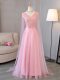 Baby Pink V-neck Neckline Beading Prom Party Dress Long Sleeves Lace Up