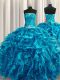 Customized Teal Ball Gowns Beading and Ruffles 15th Birthday Dress Lace Up Organza Sleeveless Floor Length