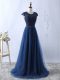 Decent Navy Blue Empire Tulle Scoop Short Sleeves Lace and Appliques Floor Length Zipper Prom Party Dress