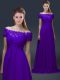 Top Selling Short Sleeves Floor Length Appliques Lace Up Mother of the Bride Dress with Purple