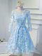 Baby Blue A-line Appliques and Belt Prom Party Dress Lace Up Organza Long Sleeves Knee Length