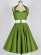 Olive Green A-line Halter Top Sleeveless Taffeta Knee Length Lace Up Belt Quinceanera Dama Dress