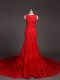Affordable Red Evening Gowns Prom and Military Ball and Wedding Party with Beading and Lace and Appliques Scoop Sleeveless Court Train Backless