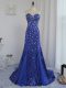 Royal Blue Tulle and Sequined Zipper Sweetheart Sleeveless Brush Train Beading and Sequins